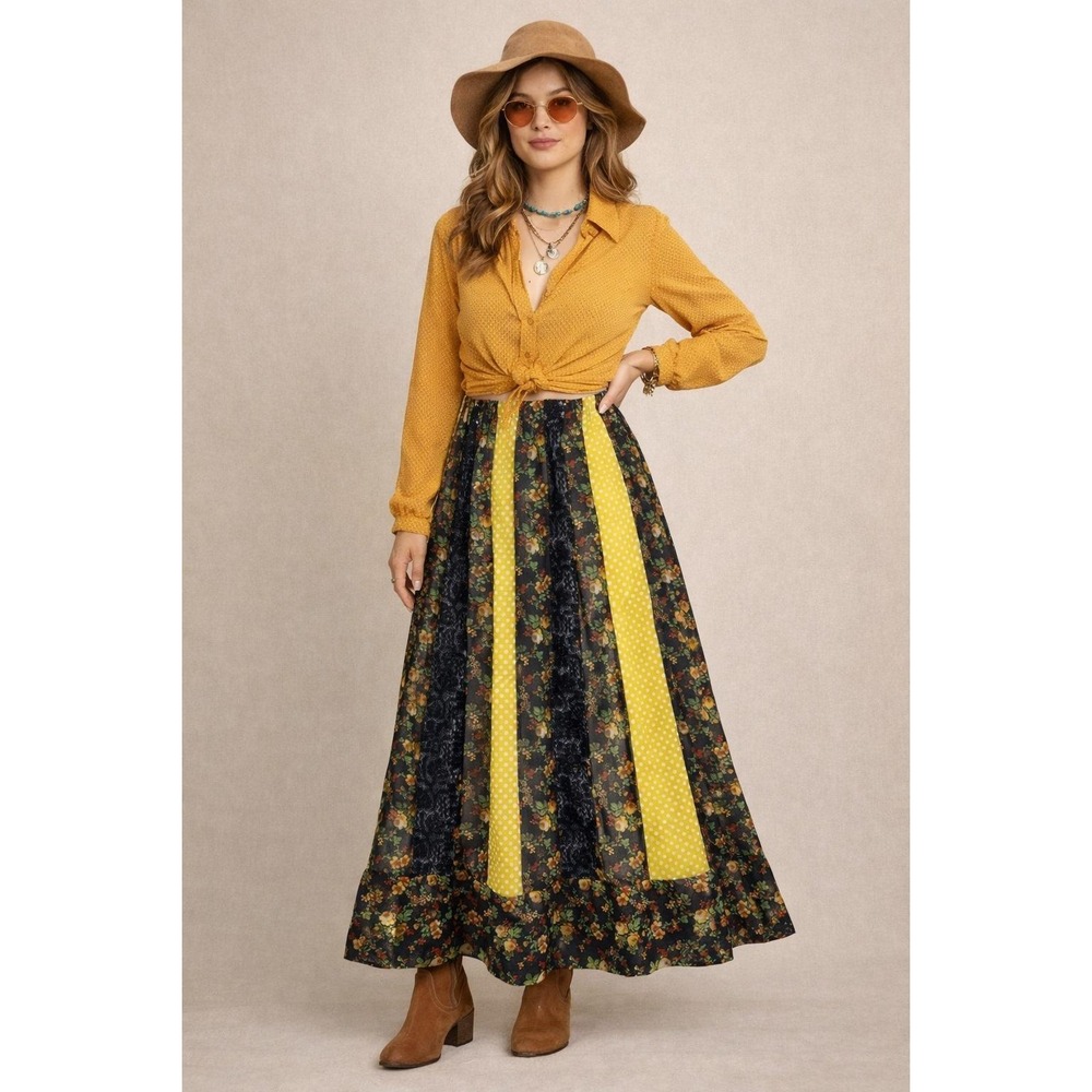 Vintage 80s/90s Chessa Davis Patchwork Maxi Skirt Floral Lace Boho Dots Prairie
